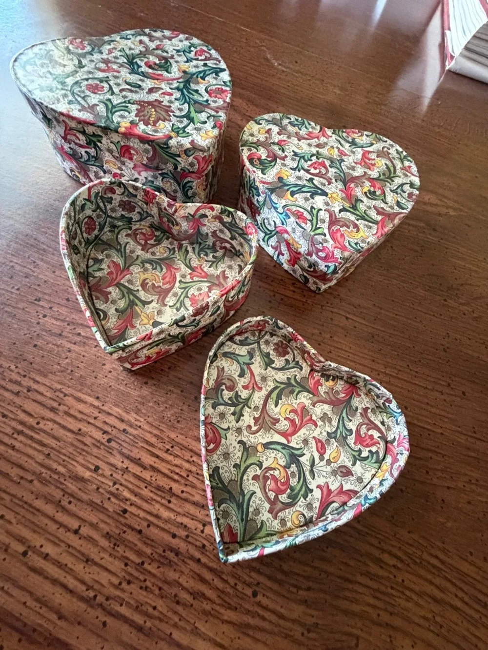 Set of 3 Heart Nesting Italian Florentine Papier Mache Jewelry Storage Boxes